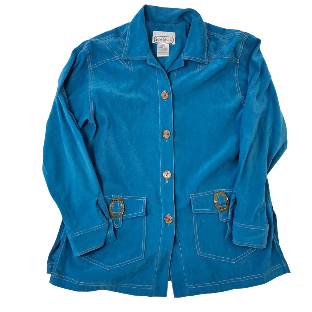 Saint Germain Paris Womens Turquoise Faux Suede Buckle t Jacket Size M 96747